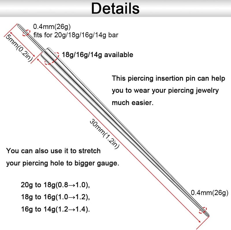 PunkTracker 14g/16g/18g/20g ASTM F136 Titanium Piercing Kit Taper Insertion Pin for Threadless Push In Tragus Helix Lip Nose Helix Piercing Jewelry Cartilage Earrings Labret Studs Nose Stud Stretcher - Image 3